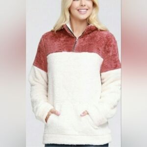 Ninexis Colorblock Sherpa Pullover Sweater Jacket w Kangaroo Pocket